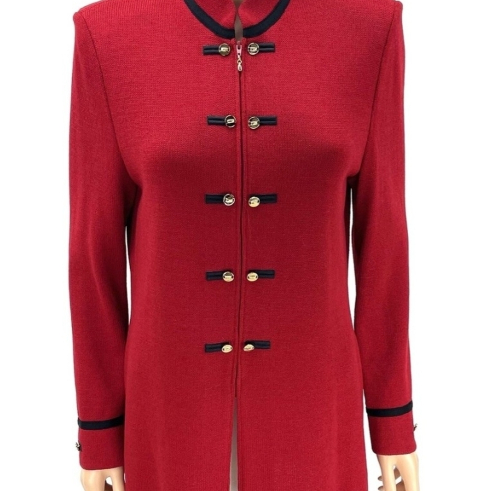 St. John Collection Red Military Style Blazer with Black Trim Gold Buttons Sz 4